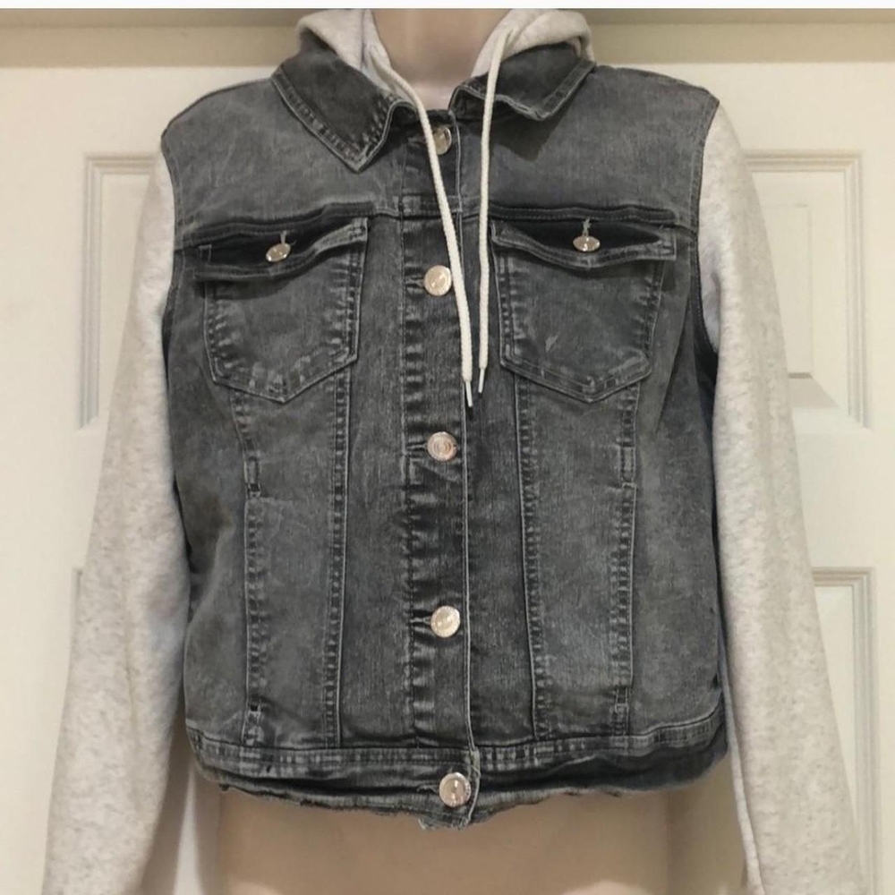 Wallflower Gray Denim Jacket with Light Gray Hoodie Sleeves